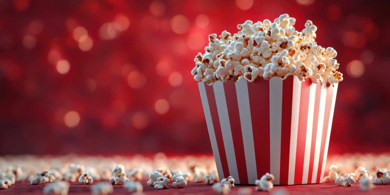 Freshly popped popcorn in a striped container against a red sparkling background